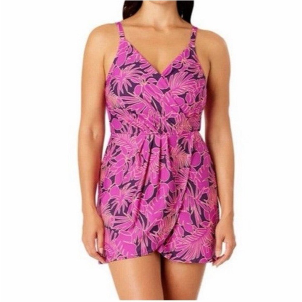 NWT Lands' End Tulip Wrap Swim Dress Floral Purple Pink Women's S 6/8